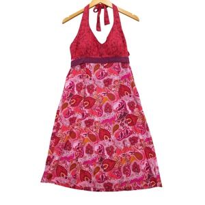 Athleta Pack Everywhere Halter Midi Dress 10 Pink Paisley Empire Waist Stretch